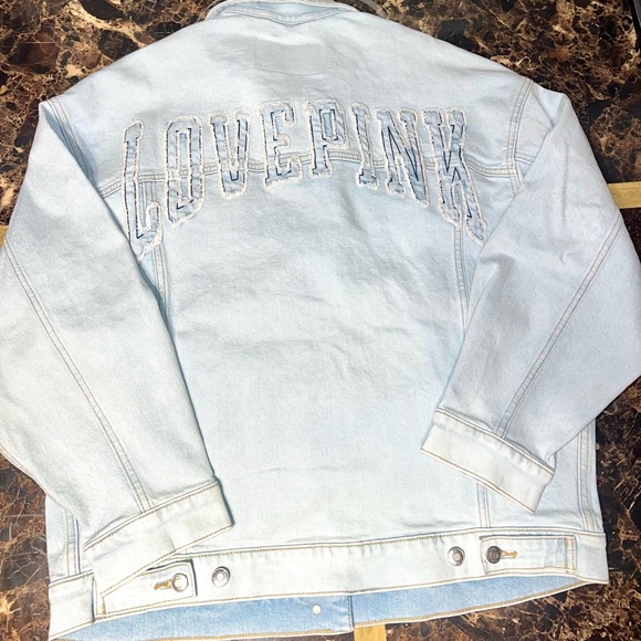 Love Pink Light Blue Denim Jacket DENIM BY PINK OVERSIZED TRUCKER JACKET size M - Picture 1 of 14